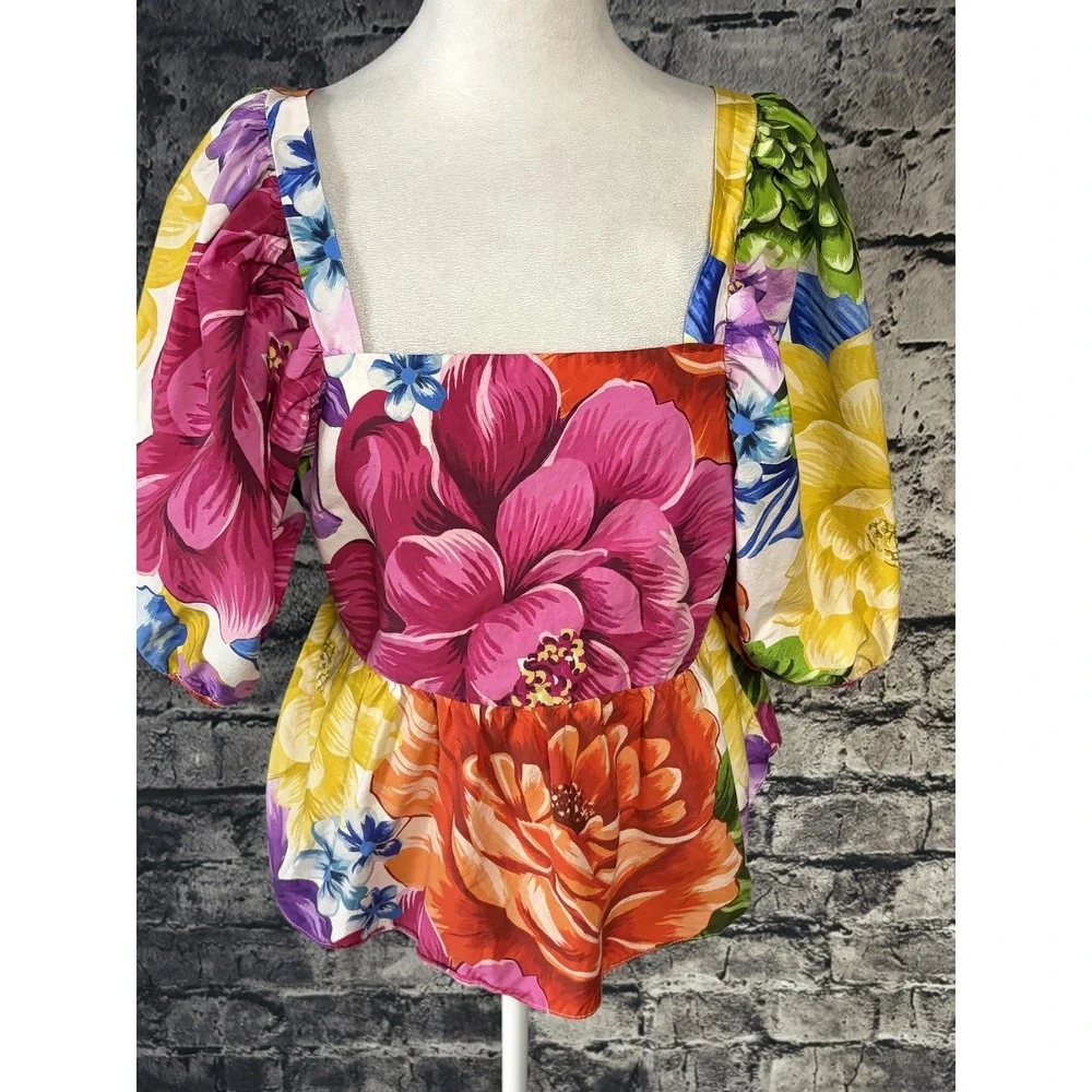 Farm Rio Blouse Womens Large Multicolor Floral Puff Sleeve Square Neck Boho